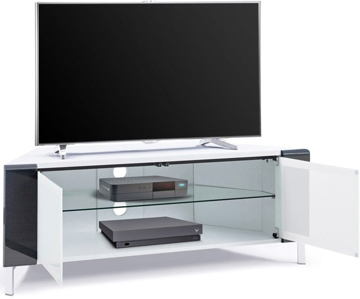MDA Designs CORVUS Corner-Friendly Gloss White Contemporary Cabinet with Black Profiles White BeamThru Glass Doors for Flat Screen TVs up to 50"