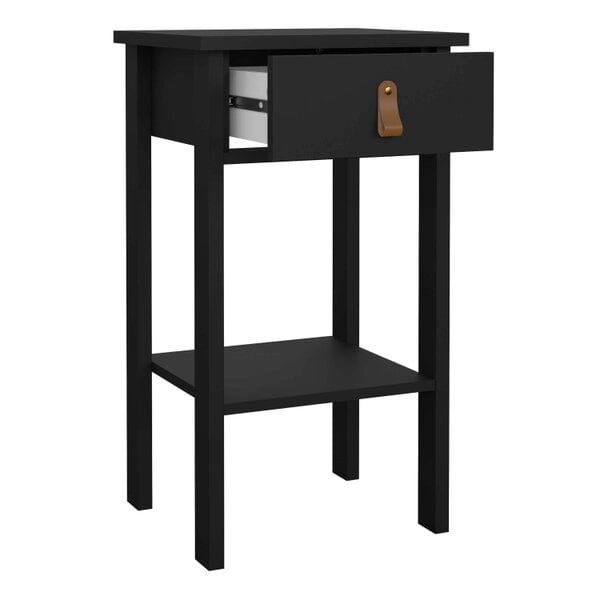 Wyld Haus Wildberry Matt Black Wooden Bedside Table with 1 Drawer Bottom Shelf Leather Handles