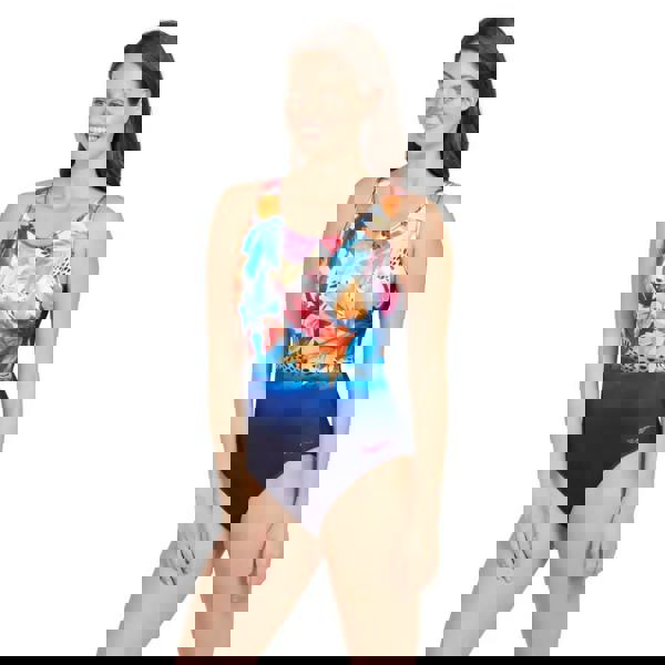 Zoggs Biarritz scoopback swimsuit in navy multi with blue orange floral print