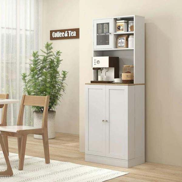 White kitchen storage cabinet with cabinet doors and interior shelves for kitchenware