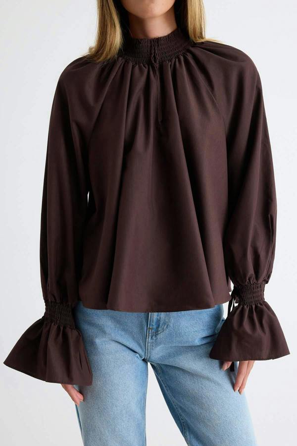 WOVCOR High Neck Long Sleeve Oversized Blouse