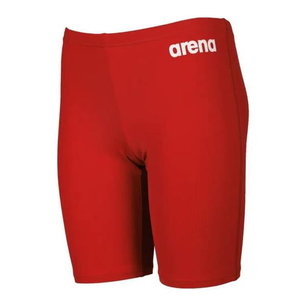 Red Arena boys team solid swim jammer with white logo