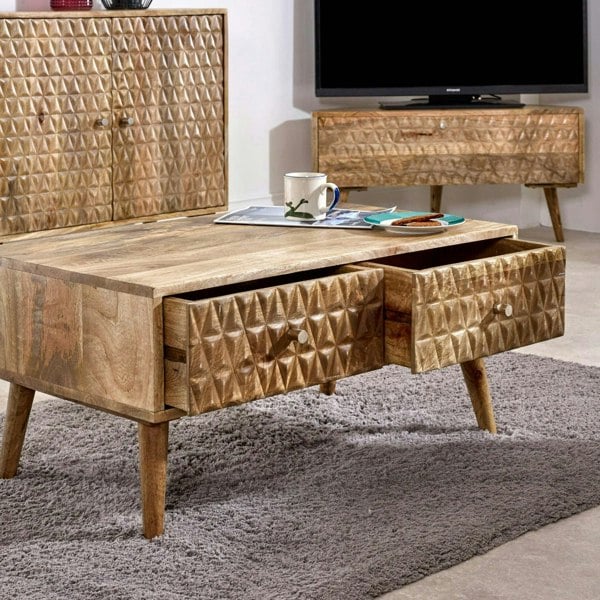 IH Design Zenon Light Mango Wood Coffee Table with 2 Drawers