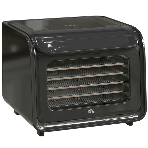 Black food dehydrator with see-through door and interior tray racks