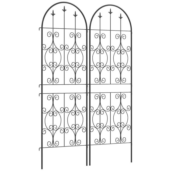 Set of 2 black metal garden trellis panels with arched scrollwork and pointed finials