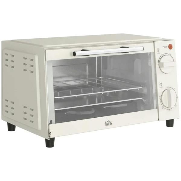 Cream mini countertop electric oven with open door and wire rack inside