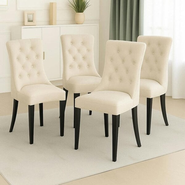 Neo Set of Four Studded Natural Velvet Dining Chairs with Ring Knocker Detail
