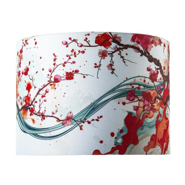 Red Cherry Blossom Watercolour Japanese Themed Fabric Drum Lamp Shade Image 4