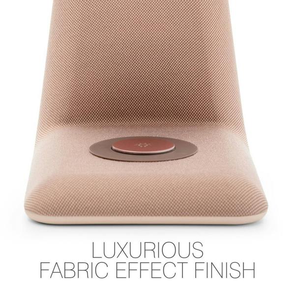 A close-up of the Rio TrueColour High Performance Makeup Mirror showcases its sleek, modern design with a luxurious fabric effect finish and a circular brown accent. The text below reads LUXURIOUS FABRIC EFFECT FINISH.