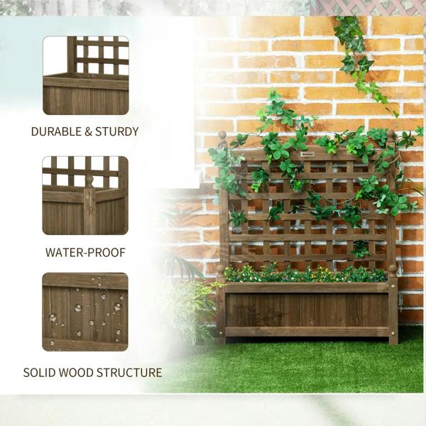 Brown wooden raised garden planter with trellis grid and green climbing vines