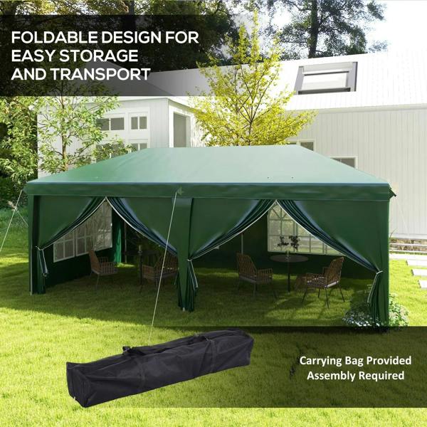 Dark green pop-up gazebo with side curtains, window walls, and included carry bag