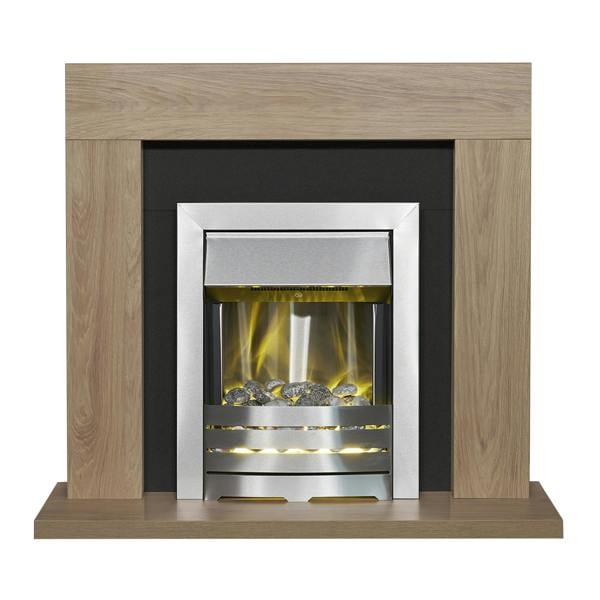 Adam Malmo Fireplace in Oak & Black with Helios Electric Fire in Brushed Steel, 39 Inch