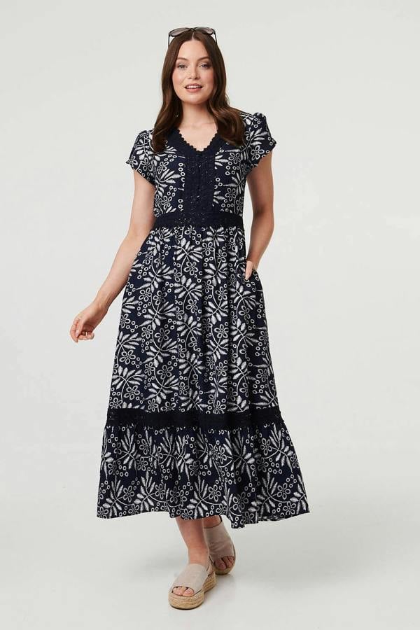 Navy | Leaf Print Lace Trim V-Neck Midi Dress