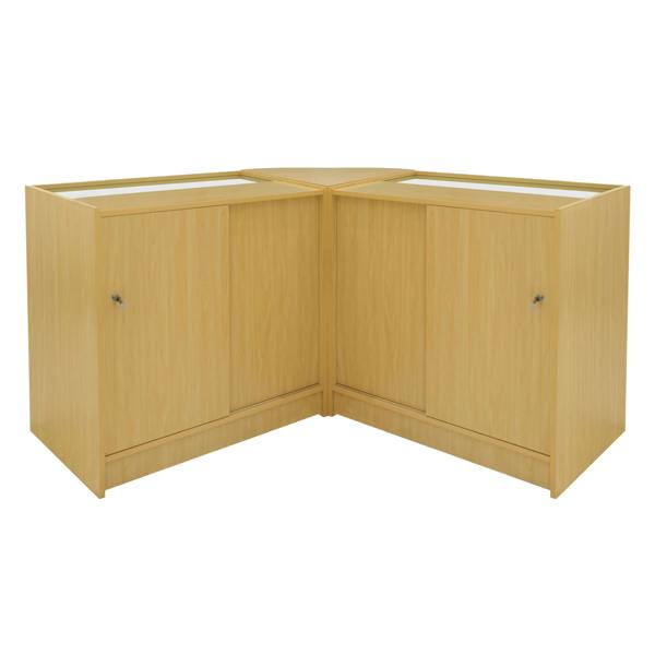 Maple Adonis LED Shop Counter Set featuring a sleek corner design with smooth surfaces and spacious storage cabinets