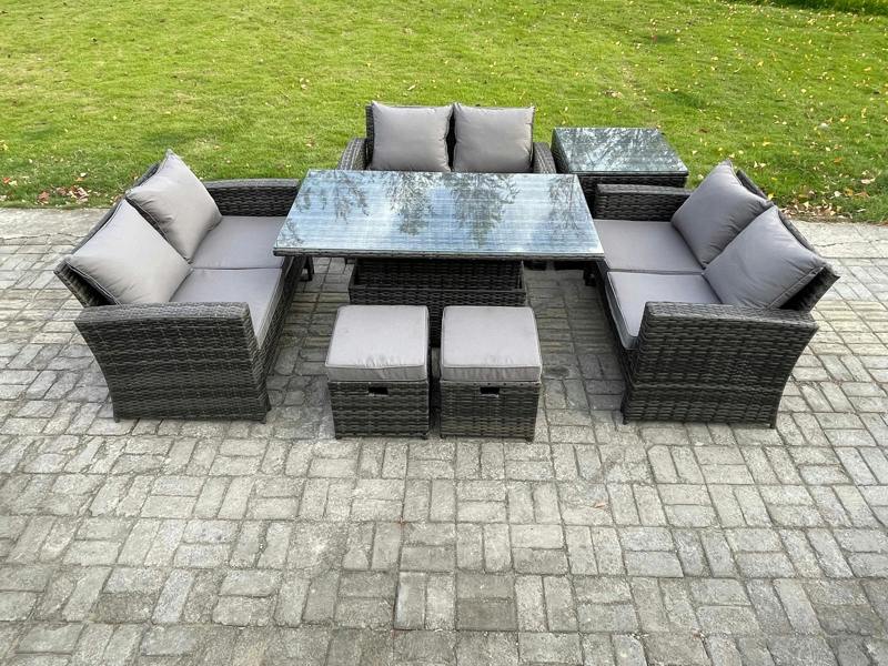 Fimous 7 Pieces Outdoor Lounge Sofa Set, Wicker PE Rattan, Rising Table, Double Seat Sofa, Side Table and 2 Small Footstools, Dark Grey Mixed