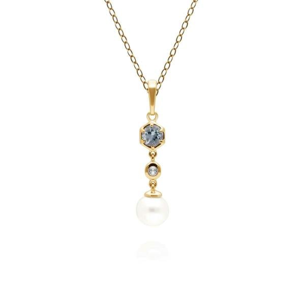 270P030105925 Modern Pearl, Aquamarine & Topaz Drop Pendant in Gold Plated Silver 1