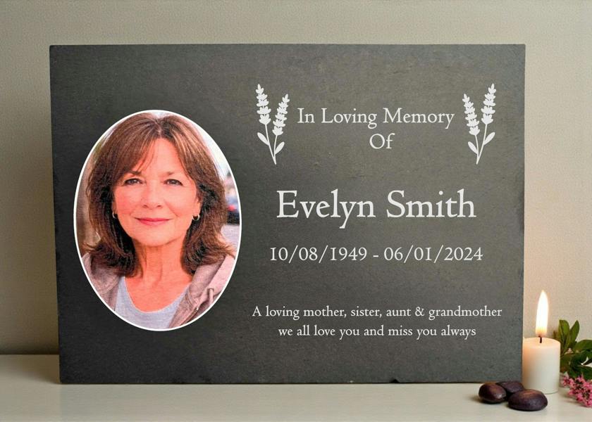 Memorials Direct Photo Slate Memorial Plaque,  Lavender, Add a Portrait & Personalised Text | 35×25cm (14×10”)