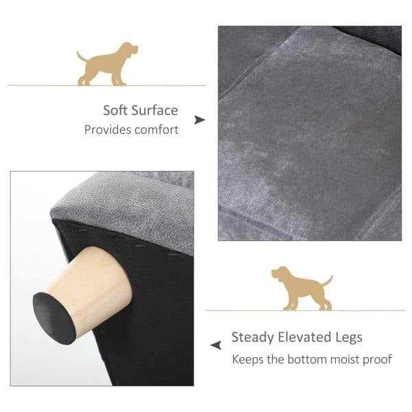 Infographic highlighting grey pet sofa bed soft surface and steady elevated legs