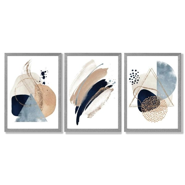 Artze Wall Art Set of 3 Abstract Beige Blue and Gold Framed Prints