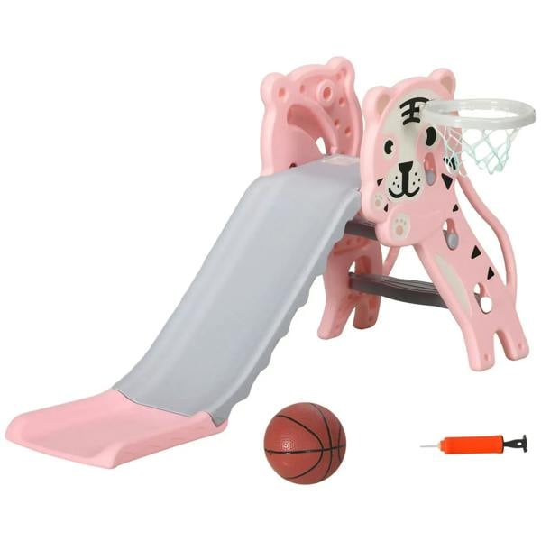 3-in-1 baby slide climber with basketball hoop, pink animal design, gray slide and ball