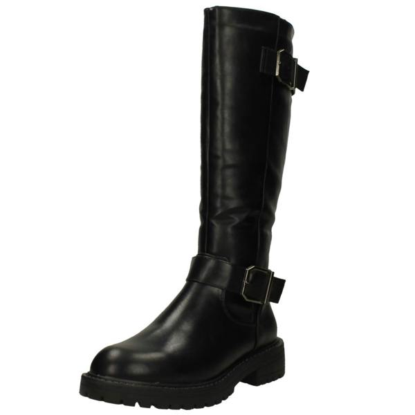 Spot On Ladies Spot On Chunky Heel Calf Boots with Buckle Straps F51204