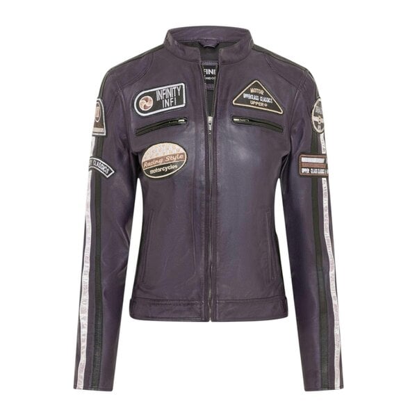 Infinity Leather Womens Leather Biker Racing Badges Jacket-Agadir - Purple
