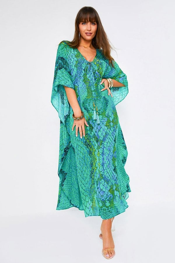 Kaa Tassel Maxi Kaftan in Ocean Python