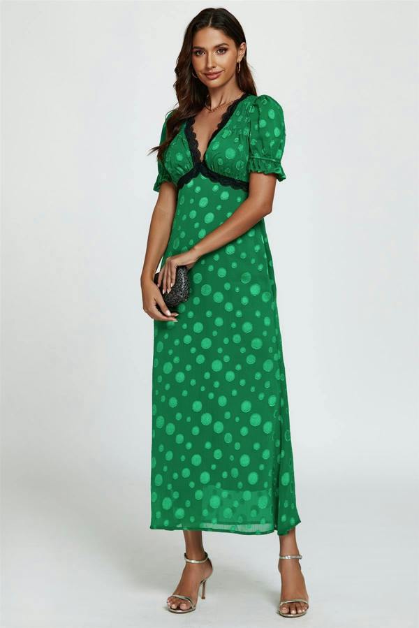 FS Collection Polka Dot Jacquard Lace Trim Midi Dress In Green