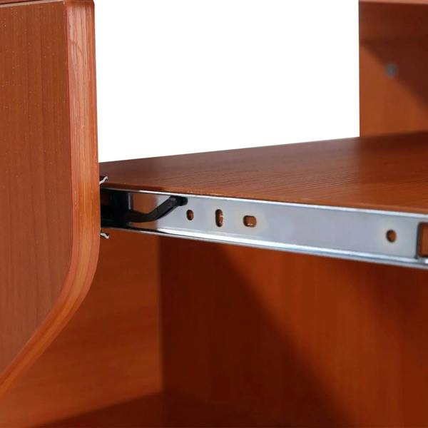 Cherry wood desk interior showing sliding tray rail and underside hardware