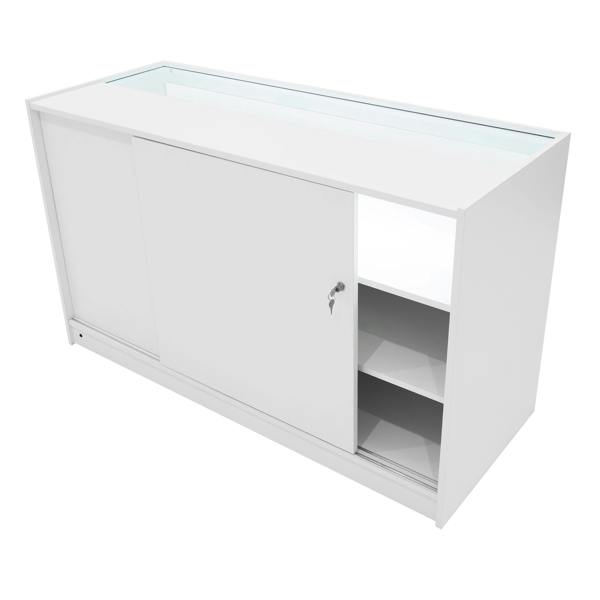 Hera LED Shop Counter Set in white featuring sliding doors, glass top, and spacious interior shelves for organized display