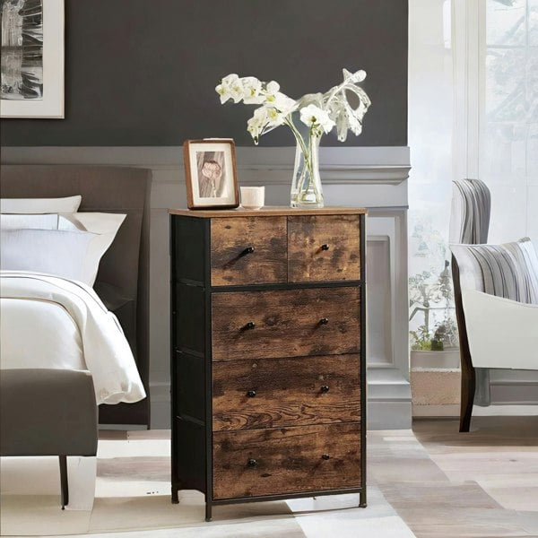 Rafaelo Mobilia 5 Fabric Drawer Bedroom Dresser Storage Organiser Rustic Brown