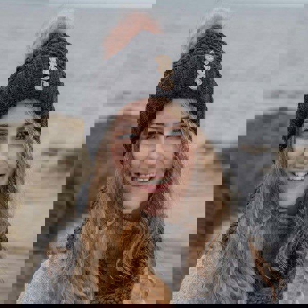 Aran Diamond Cable Button Hat Fisherman Stitch Pom Pom Hat | Chunky Rib Knit with Faux Fur Pom Pom