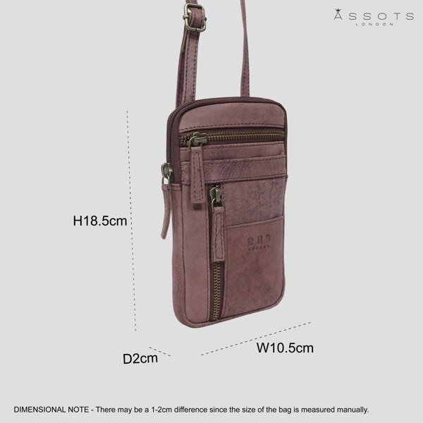 Real Hide Bags 'BROOKE' Plum Distressed Real Leather Mobile Phone Crossbody Bag