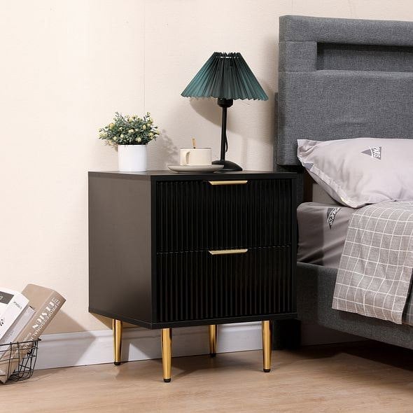 MMT Furniture Designs Bedside Table, 2 Drawers, White/Black with Gold Legs, 42cm Wide Chest