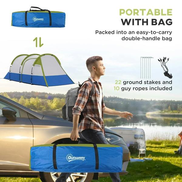 Three-room tent with portable carry bag and included stakes and guylines kit