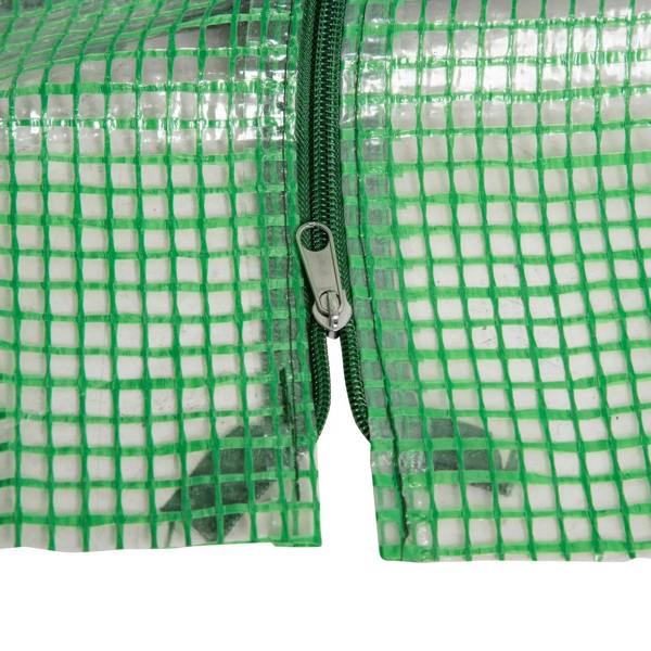 Green PE mesh greenhouse cover panel with zipper closure on steel frame