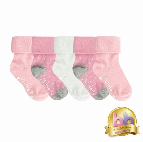 Little Sock Co. Non-Slip Stay on Baby and Toddler Socks - 5 Pack in Soft Pink & White