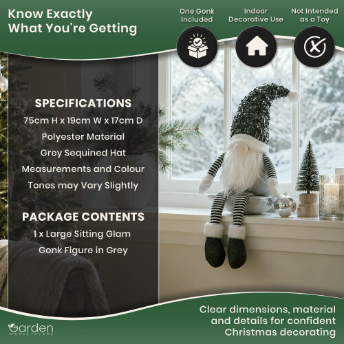 Large Grey Glam Christmas Gonk Figure, 75cm Sitting Decoration with Sparkly Sequined Hat, Soft Polyester Indoor Ornament