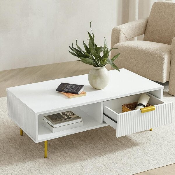 Kosy Koala Modern White Coffee Table with Storage, Gold Metal Legs and Handles