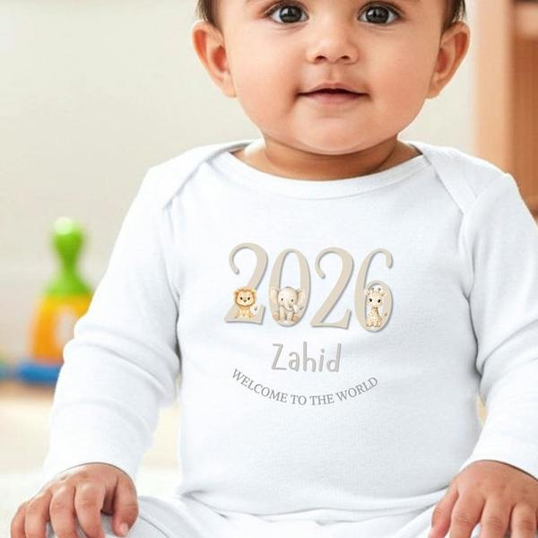 Personalised Taupe 2026 Welcome To The World Jungle Baby Grow, Vest or Bib with Name