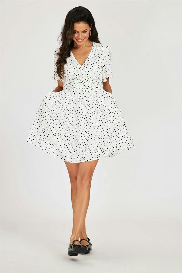 FS Collection Dot Print Short Sleeve Mini Dress In White