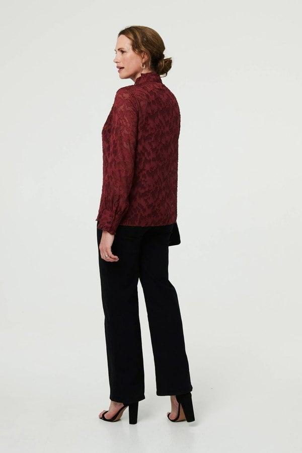 Red | Lace Frill Semi Sheer Long Sleeve Blouse
