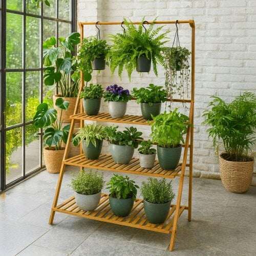 Neo 3‑Tier Foldable Bamboo Plant Stand with Hanging Hook