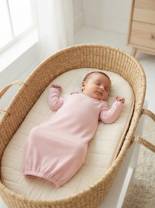 Organic newborn gown in soft pink with lap shoulder design, baby 
sleeping peacefully in Moses basket