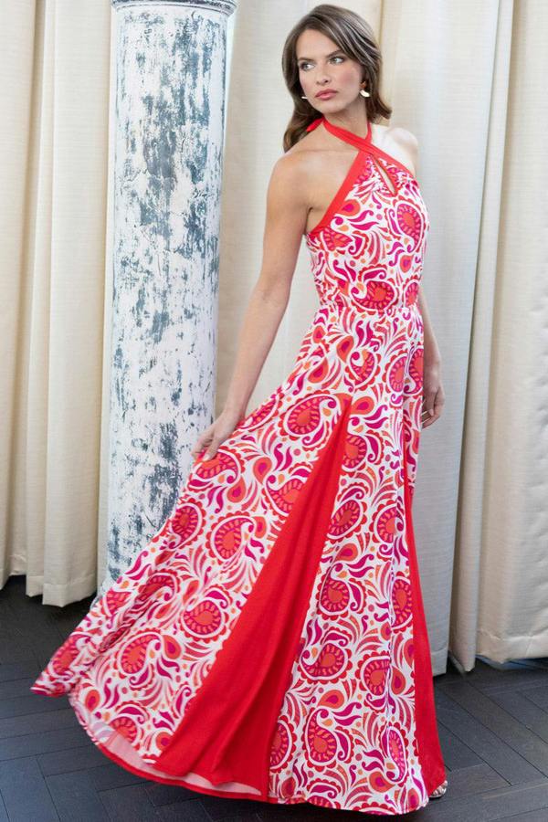 HotSquash Halter Neck Maxi Dress with Contrast Panels