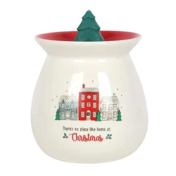 Ceramic wax melt burner with red rim and Christmas town design, green tree topper