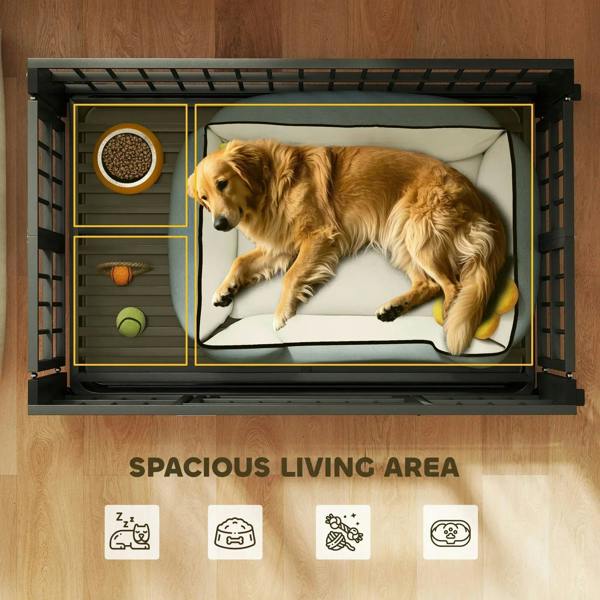Black dog crate with open front door and interior tray, metal bars and caster wheels