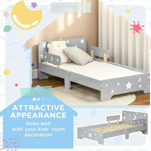 Grey kids bed with star and moon panels, low side rails and safety boards