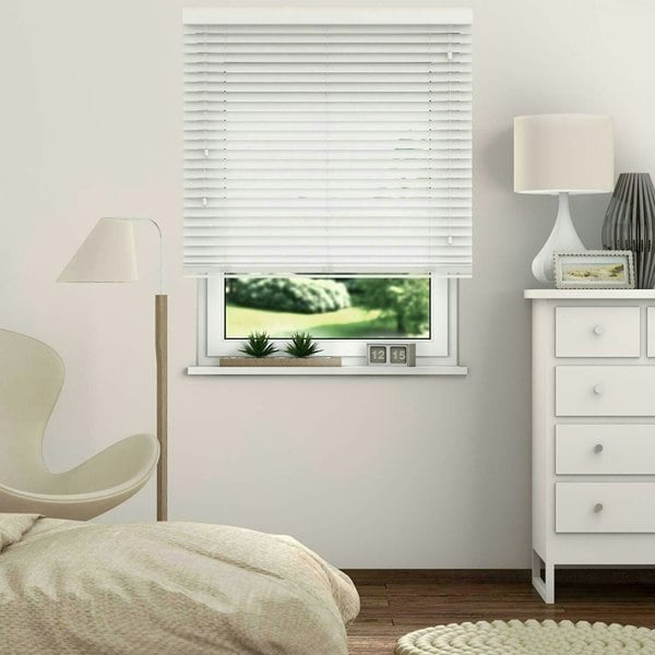 NewEdgeBlinds Ultra White Smooth Finish Faux Wood Venetian Blinds with Strings  (130cm drop)