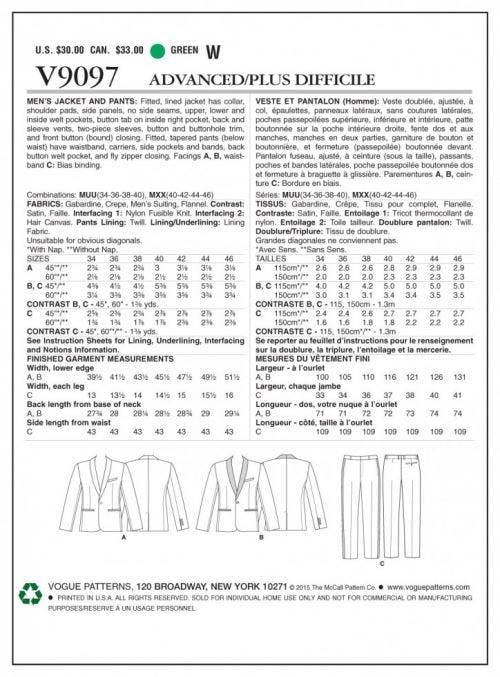 Vogue Sewing Pattern 9097, Jackets, Trousers, Suits for Men, 34-36-38-40 - Advanced